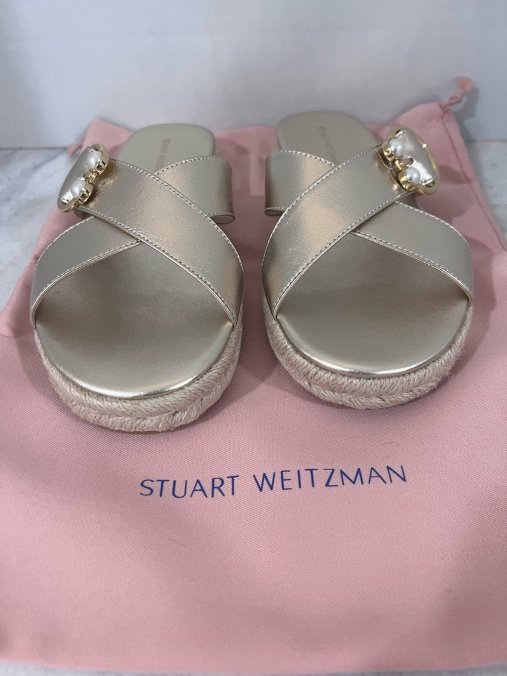 Stuart Weitzman Metallic Gold Pearl-Embellished Crisscross Slide Sandals
NWOT